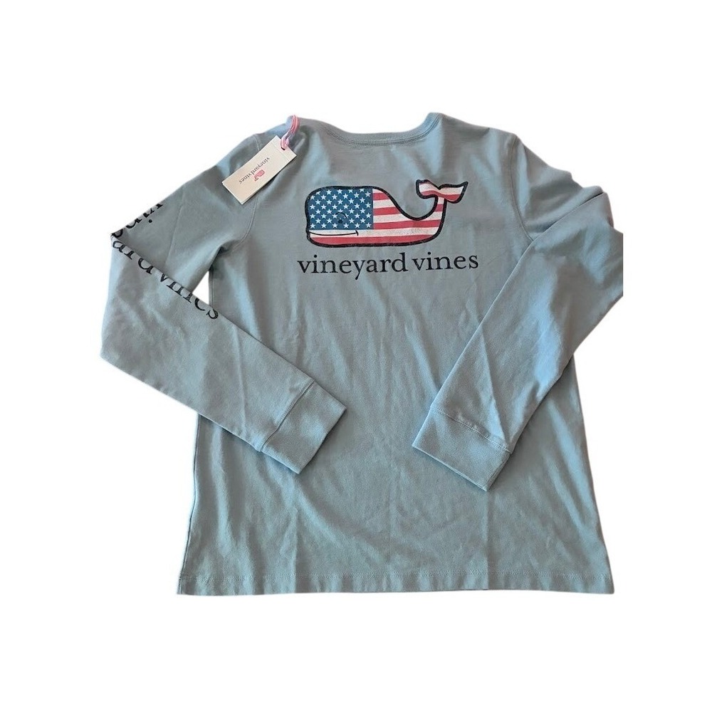 Vineyard Vines Girls Jake Blue American Flag Whale Long Sleeve summer Tee L 16